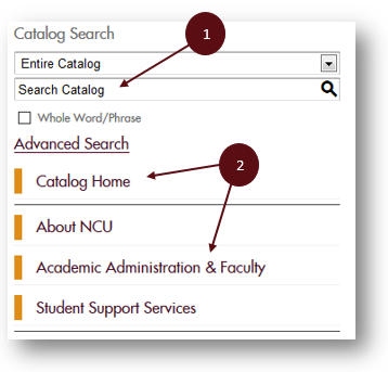 Screenshot of online catalog search features: search field and advanced search highlighted